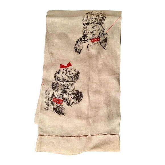 VTG Linen Guest Hand Towel Grey Poodles Red Leashes MCM Adorable VGC - Picture 1 of 7